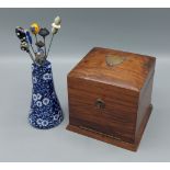 A Victorian jewellery box together with a collection of hat pin within a ceramic stand