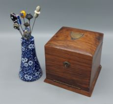 A Victorian jewellery box together with a collection of hat pin within a ceramic stand