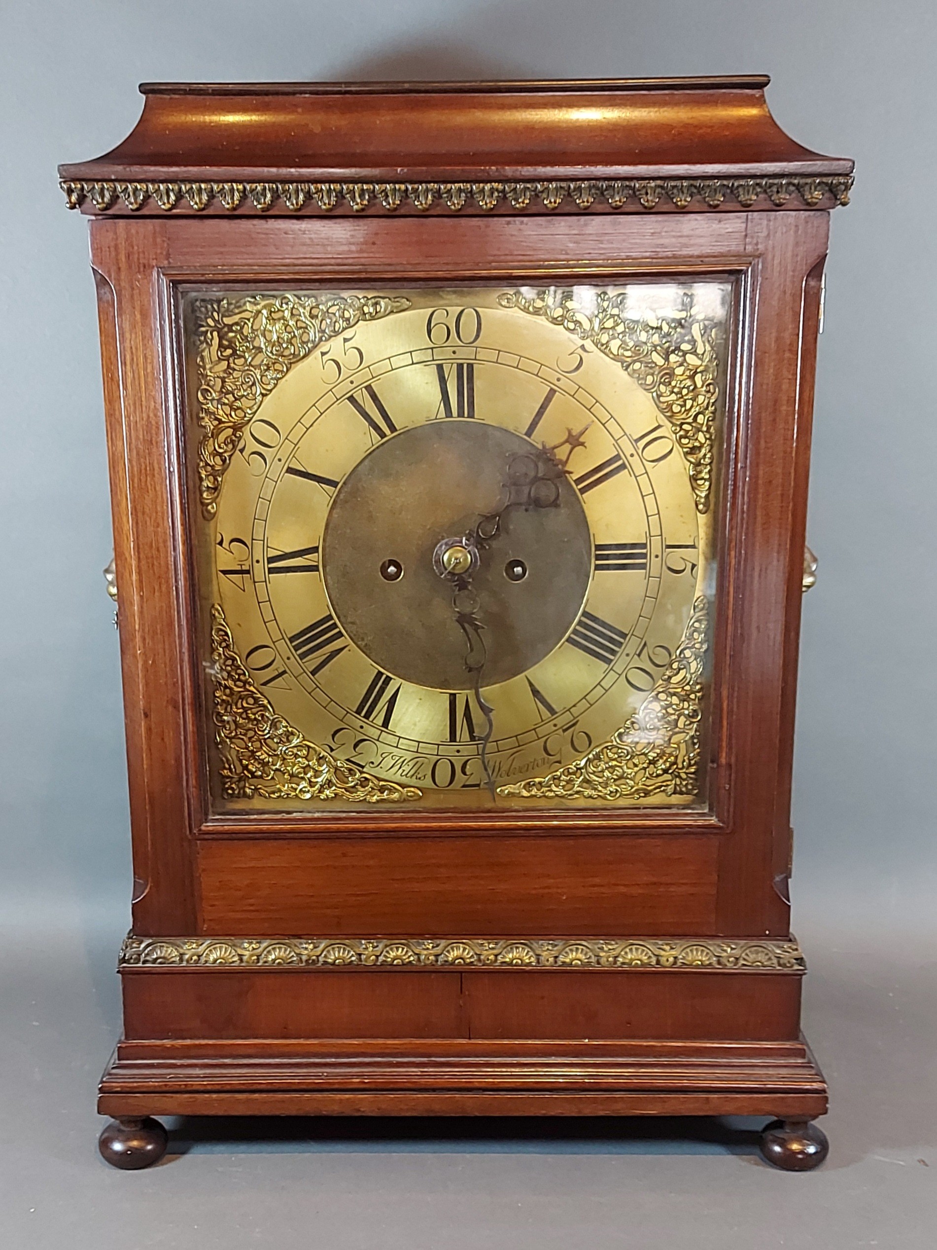 A mahogany and gilded bracket clock, the brass dial inscribed J. Wilks Wolverton, with Roman and - Image 2 of 5