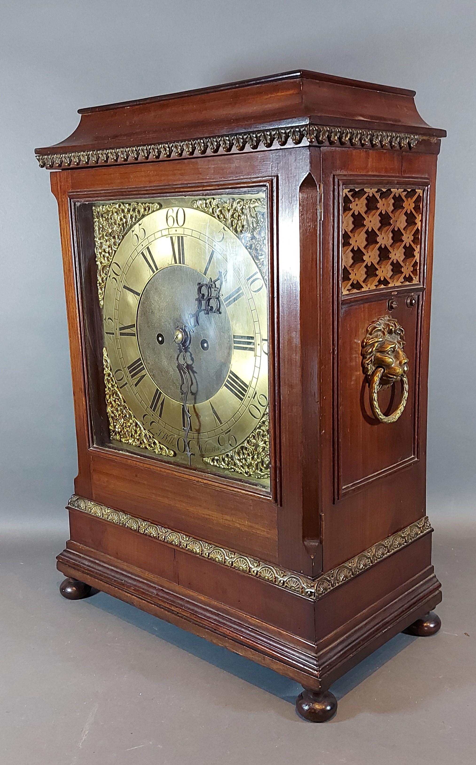 A mahogany and gilded bracket clock, the brass dial inscribed J. Wilks Wolverton, with Roman and