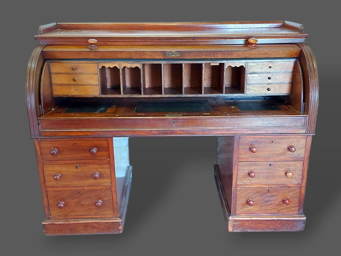 A Victorian mahogany twin pedestal cylinder desk, the fitted top above six drawers with knob handles - Image 2 of 3