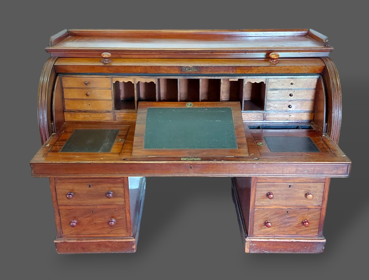 A Victorian mahogany twin pedestal cylinder desk, the fitted top above six drawers with knob handles - Image 3 of 3