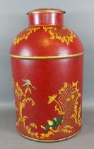 A Toleware cannister with Chinoiserie decoration, 37cms tall