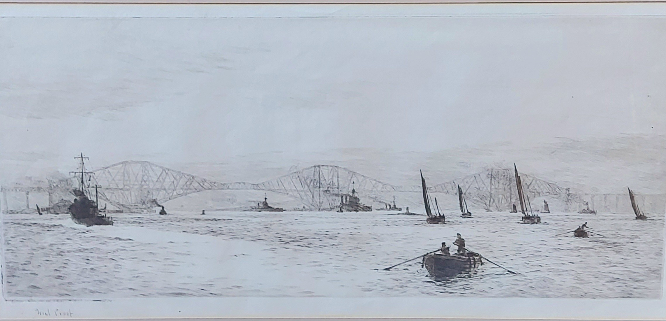 William Lionel Wyllie, The Forth Bridge with rowing boat and sailing vessels, etching, inscribed