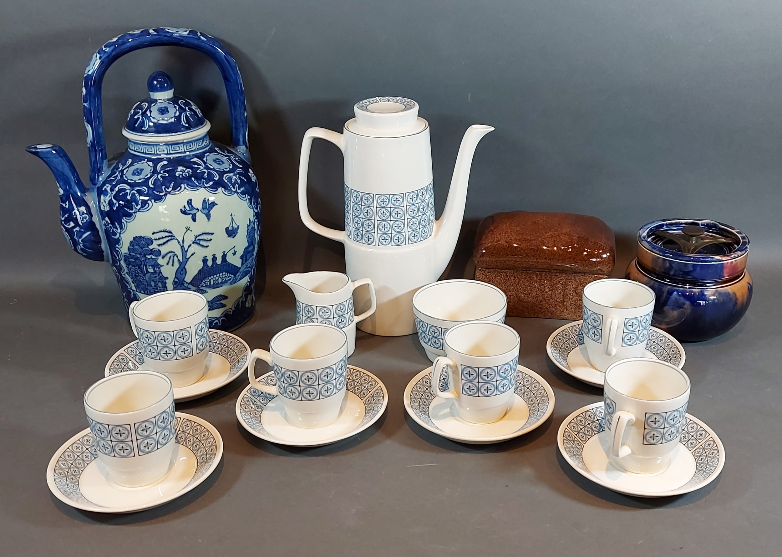 An Image 70 Iona coffee set together with a Hovis butter dish, a large teapot and a tobacco jar