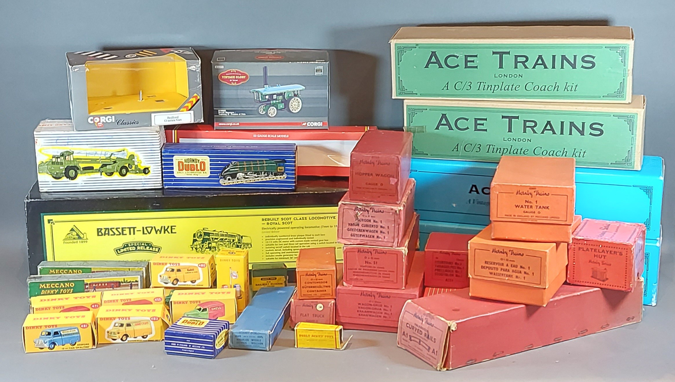 A collection of empty boxes for Dinky Toys, 0 guage railway and Hornby