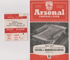 Programme & ticket Arsenal v Manchester United 29th September 1956. Programme and ticket good.