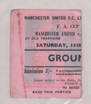 Ticket Manchester United v Sheffield Wednesday FA Cup 5th Round 19th February 1958. This was the