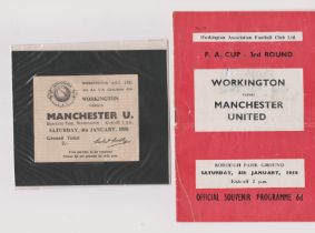 Programme and ticket Workington v Manchester United FA Cup 3rd Round 4th January 1958. Programme