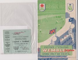 Programme and pass ticket to the dressing room for the England v Scotland match at Wembley 9th April