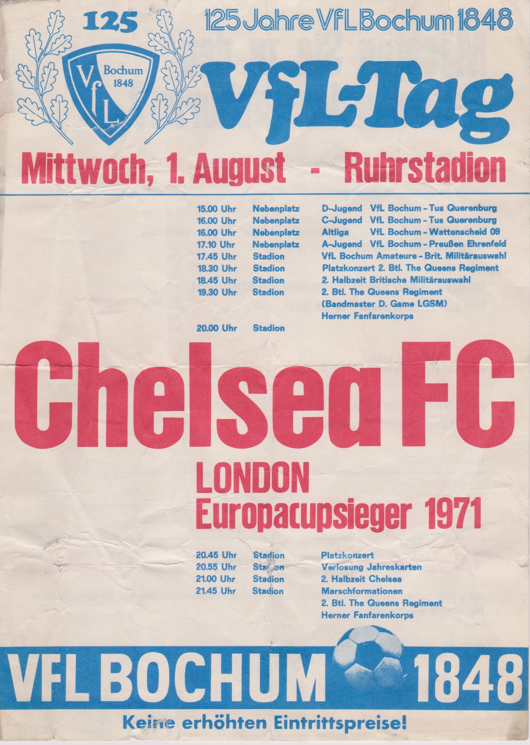 Flyer for the no programme friendly match between VFL Bochum and Chelsea 1st August 1973. This is