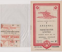 Programme and ticket for Arsenal v Manchester United 28th August 1948. Programme lacks staples