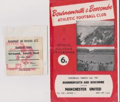 Programme and ticket Bournemouth v Manchester United FA Cup 6th Round 2nd March 1957. Programme with