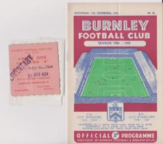 Programme and ticket for Burnley v Manchester United 11th December 1954. No writing. Very good