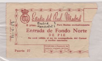 Ticket Real Madrid v Manchester United European Cup Semi Final 1st Leg 11th April 1957. Score and