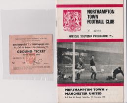 Programme and ticket Northampton Town v Manchester United FA Cup 5th Round 7th February 1970. United