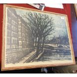 Poster-High Rise City Buildings-by River and Trees-signed Bernald Buffet painting in black-