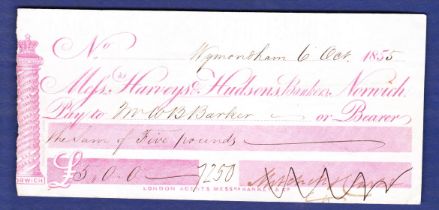 Great Britain - Cheque Messrs Harveys & Hudsons Bankers Norwich, Cheque 'Bearer', Wymondham red on