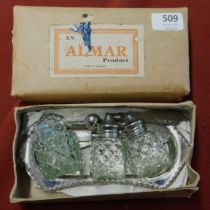 Condiment Set - White metal and glass three piece condiment set, good condition with silver plated