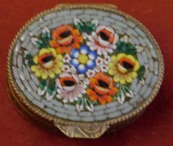 Antique Pill Patch Box - Enamel (Mosaic) lid, flower decoration on pill Patch box, very good