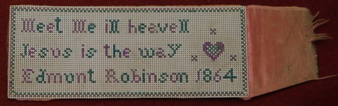 Sampler - 5" x 2" book mark size, 1864 'Meet me in heaven Jesus is the way' by Edmund Robinson, very