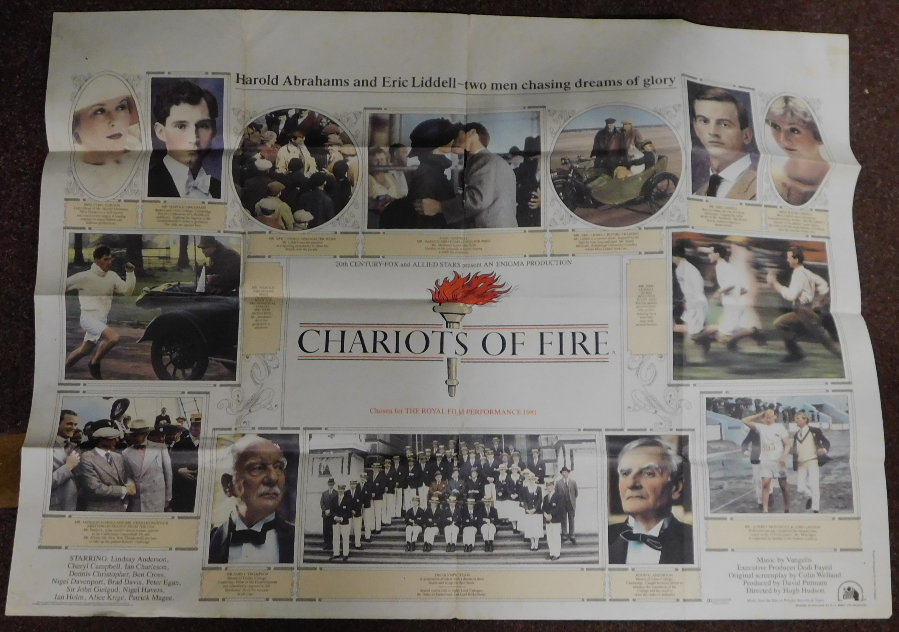 Poster - Chariots of Fire 1981, chosen for the Royal Film Performance 1981, showing 14 photos of the