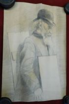 Pencil/Charcoal Drawings (1) Old Man in Bowler Hat-measures 43cm x 28cm-very good condition and a