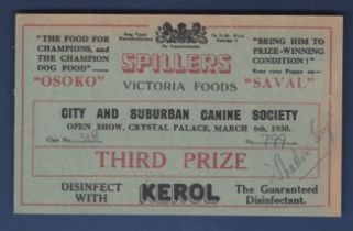 1930 (6 March) Crystal palace, Spillers, City and Suburban Canine Society Prize Certificate.