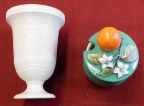 Wedgewood Cream Vase with Basket - 8 inch marmalade pot green with orange on lid, good condition