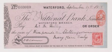 The National Bank Limited, Waterford, used order RO 8.7.18 plus 1d adhesive black on lilac