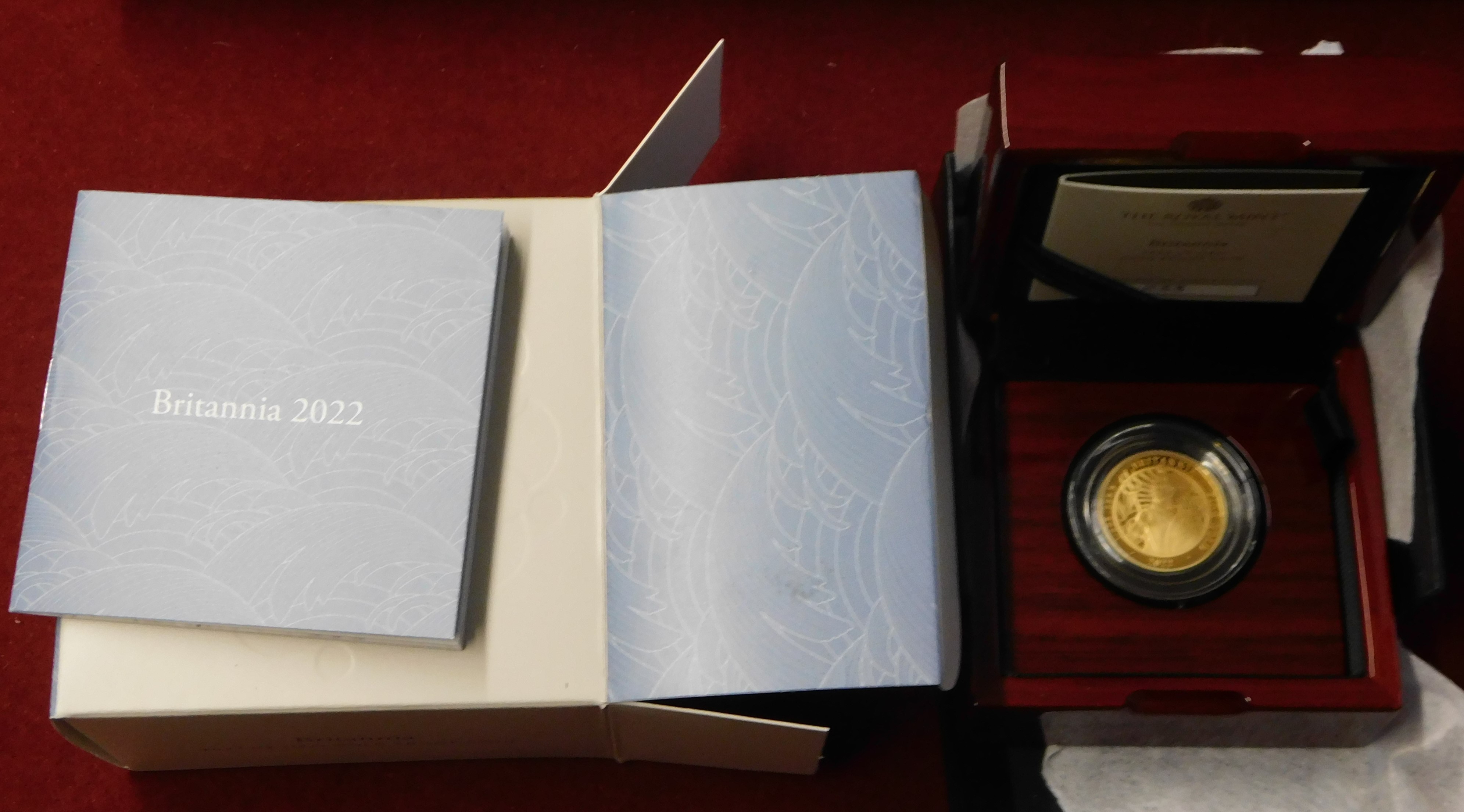 Gold 2022 United Kingdom Britannia Quarter ounce Proof coin, Royal Mint box and certificate