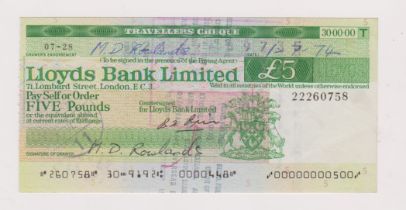 Lloyds Bank Limited, £5 Traveller's cheque used 1974