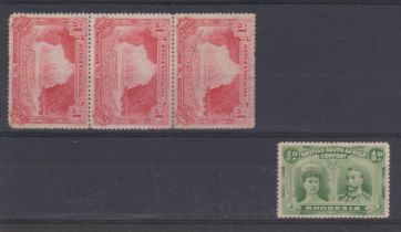 British South Africa Co. 1905 visit of British association SG 94 m/m 1d red strip of 3, 1910 postage