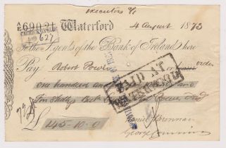 Bank of Ireland, Waterford. Paid bearer hand altered to order CO 19.10.72 black on white