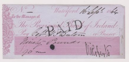 The Provincial Bank of Ireland, Waterford, used bearer CO 21.4.64, lilac on blue, printer Perkins