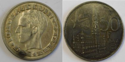 Belgium 1958 50 Francs, Silver, Worlds Fair KM 159, UNC