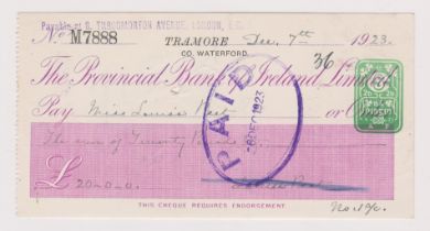 The Provincial Bank of Ireland Ltd, Tramore, Co Waterford, used order CO 24.4.23, lilac on white