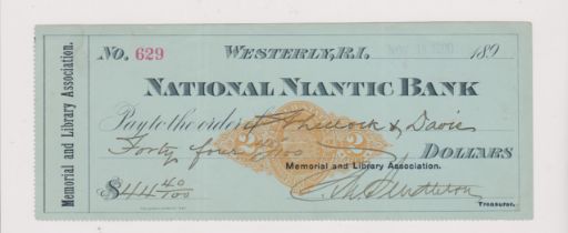 USA National Niantic Bank, Westerly R.I., used order Nov 15 1900, black on green, Memorial and