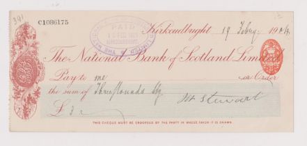 National Bank of Scotland Ltd, Kirkcudbright, used bearer RO 30.8.02, brown on white blue panel,