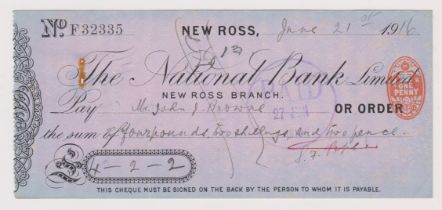 The National Bank Ltd, New Ross, used order RO 20.6.13 black on lilac