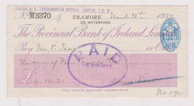 The Provincial Bank of Ireland Ltd, Tramore, Co. Waterford used order BO 30.3.21 lilac on white