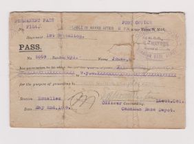 WWI Movement Pass 1916 Canadian Base Depot Permanent Pass issued L/Cpl Jones, stamped and signed 3.