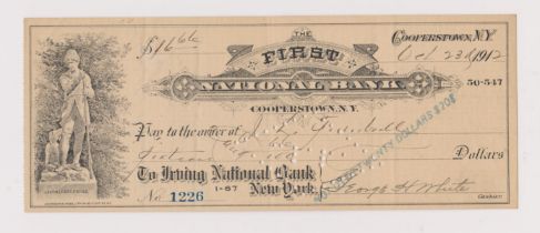 USA First National Bank Cooperstown N.Y. used order 23 Octr 1912, black on cream, Vig
