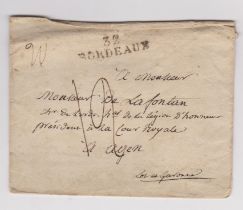 France 1827 envelope posted to Agen. Manuscript 19 Bordeaux mileage cancel, single ring 8/MAI/1827