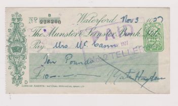 Muster & Leinster Bank Ltd, Waterford, used order CO 14.5.27, green on white green panel printer