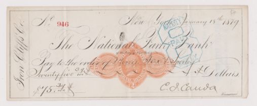 USA The National Park Bank, New York, used order Jan 18th 1879, black on white, Iron Cliffs Co,