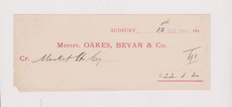 Oakes, Bevan & Co, Sudbury, batch of printed paying slips 1884 to 1895 (15)