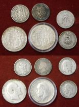 Great Britain 1909 and 1918 Half crowns; 1826, 1829, 1910 and 1935 shillings mostly fine or