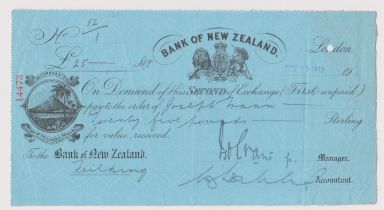 Bank of New Zealand 1912, Cheque Second Exchange, black on blue, London branch attractive vig on