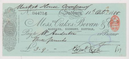 Oakes, Bevan & Co., Sudbury Branch, Suffolk, 1887 used cheque order, black on green, Vig-monogram at